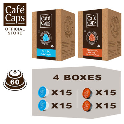 Cafecaps - Coffee Dolce Gusto MIX Compatible capsules of Milk (2 Box X15 แคปซูล) &amp; Cremoso (2 กล่อง X15 แคปซูล) รวม 60 แคปซูล - Dolce Gusto Coffee capsule compatible แคปซูลกาแฟที่ กาแฟสไตล์อิตาเลียนทั่วไป ส่วนผสมของโรบัสต้าและอาราบิก้า