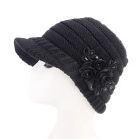 Women Floral Flower Stretchy Knit Visor Hat Cap Warm for Autumn Winter Outdoor JL