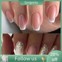 GORGESITY 24ชิ้นกดทำเล็บมือเล็บ DIY เล็บปลอมฝรั่งเศสสีขาวขอบยาวสี่เหลี่ยม