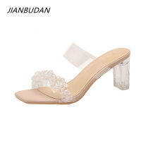 JIANBUDAN Runway style Glitter Crystal Slippers Women Pumps y Slides Summer Lady Slipper Transparent High heels Party Sandals