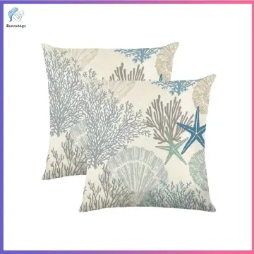 Summer Coastal Throw Pillows 18x18 Inch Set of 2 Coral Branch Ocean Themed  Decorative Pillow Cases