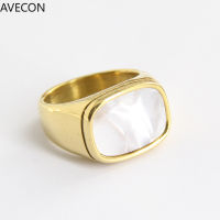 AVECON Hot New Cast 18K Gold White Shell Ring Square Polished Stainless Steel Simple Versatile Ring