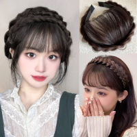 Wig Headband with Bangs Girl Fish Bone Braid Air Bangs Wig Headbands Simulation Seamless Wig Hair Band