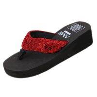 New slippers female slippers wedges platform elevator slip-resistant paillette beach flip flops US size 9 black