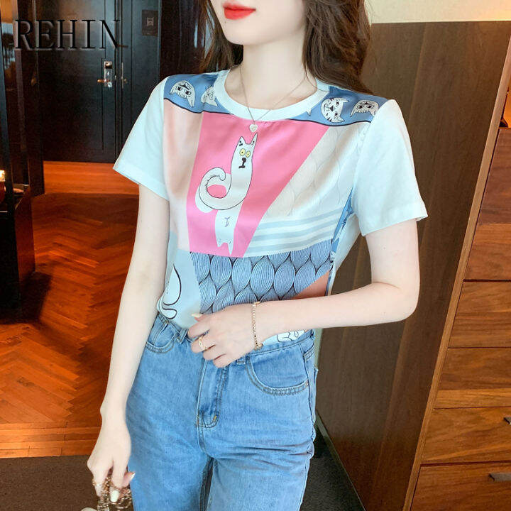 rehin-แฟชั่นสไตล์เกาหลีแบบใหม่สำหรับผู้หญิง-เสื้อยืดสีขาวคอกลมลำลองอเนกประสงค์ทรงหลวมฤดูร้อนแขนสั้น