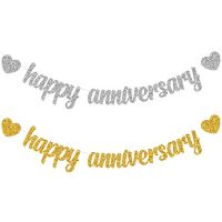 Happy Anniversary Banner Gold Glitter Heart Bunting Banner for Wedding Anniversary Party Decorations Supplies Banners Streamers Confetti