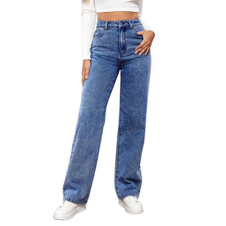 2023-สินค้าใหม่-cross-border-european-and-american-elastic-washed-denim-ladies-pants-fashion-กางเกงขาตรงทั้งหมด