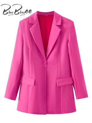 BlingBlingee 2022 Spring Women Casual Traf Jacket Single Button Long Sleeve Pockets Satin Blazers Office Lady Hot Pink Coats