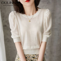 OULINNA เสื้อยืดแขนสั้นสำหรับผู้หญิง,เสื้อถักผ้าบางสีล้วนแบบหลวมแขนยาวครึ่งแขนสำหรับฤดูร้อน