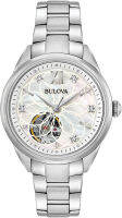 Bulova Ladies Classic Diamond 3-Hand Automatic in Stainless Steel, Mother-of-Pearl Dial and Open Aperture Dial