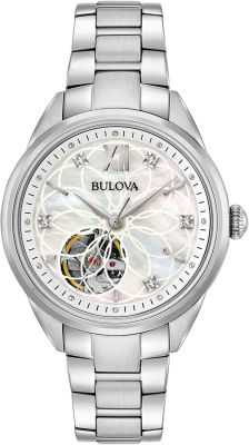 Bulova Ladies Classic Diamond 3-Hand Automatic in Stainless Steel, Mother-of-Pearl Dial and Open Aperture Dial
