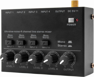 Btuty Ultra Low Noise 4 Channel Line Stereo Mixer 4 Input 1 Output DC 5V Portable Mini Audio Mixer Microphone Guitar Bass Keyboard Mixers for Club Bar Stage Studio