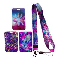Fashion Girls ID Badge Holder Lanyard Women Purple Feathers Credit Card Holders with Cute Neck Strap Name Card Case Card Holders
