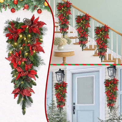 【cw】Christmas Wreath With LED Lights Cordless Prelit Stairs Decorations Lights Up Garlands Christmas Pendent for Window Wall Door
