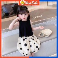 NINAKIDS เด็กหญิงฤดูร้อนสไตล์เกาหลีเสื้อกั๊กแขนกุดและจุดคลื่นชุดกางเกงขากว้าง 1-6 ปี