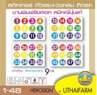 สติกเกอร์ ตัวเลข พิมพ์ในวงกลมขอบขาว ศก. 9 ซม. 1 ชุด ได้ 12 เลข มีให้เลือก1-12,13-24,25-36,37-48