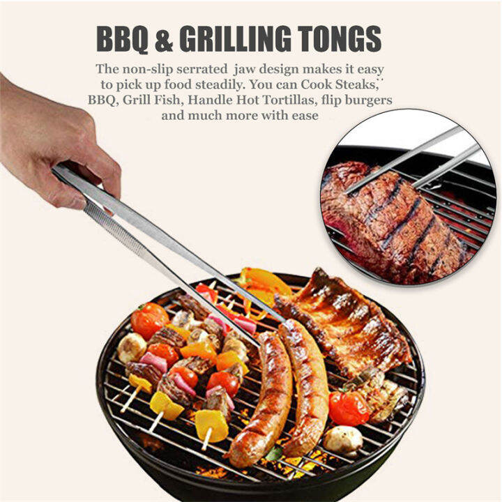 20cm-30cm-bbq-tweezers-kitchen-straight-chef-barbecue-tool-food-tongs-silver-long-toothed-stainless-steel