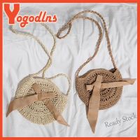 【Ready Stock】 ♤☜☎ C23 Yogodlns Round Paper Rope Straw Shoulder Sling Bags Woven Knitting Crossbody Beg Beach Casual Girls Purse Ribbon Decors