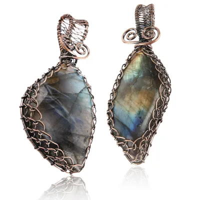 Vintage Natural Grey Moonstone Pendant Wire Wrap Irregular Mineral Labradorite Suspension Energy Crystal Quartz Pendant Jewelry