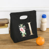 Rose Flower Letters A-Z Canvas Lunch Bag Harajuku Insulated Functional Thermal Pouch Cooler Bags for Women Funny Kid Picnic Box