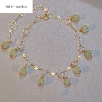 SALLY Chinoiserie กำไลข้อเท้าหยกสีเขียวกระดิ่งง่ายๆผู้หญิง