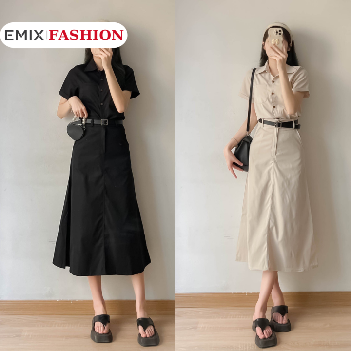 Set váy retro EMIX, áo sơ mi và chân váy dài chất kaki thô mềm ...