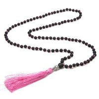 ZZOOI 6mm Black Lava Stone Beaded Knotted Necklace Meditation Yoga Blessing Jewelry 108 Mala Buddha Head Tassel Rosary