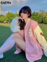 Guima ชุดเบสบอลสำหรับผู้หญิง American Vintage Loose College Style Pink Jacket