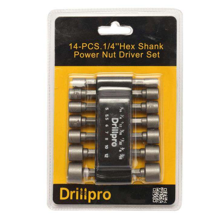 drillpro-14ชิ้น1-4นิ้วก้านหกเหลี่ยมพลังงานประแจขันน็อต-set-mata-bor-เมตริก-sae-ประแจสกรู