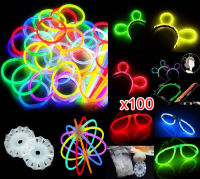 100 8" Glow Stick Bracelets,mixed Colors,100 bracelet/necklace Connectors,5 Pairs of Glow Glasses Connectors,1 Glow Ball/flower Kit,5 Hair Clip Barrettes