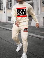 xixibeauty GOD OVER EVERYTHING Print, Mens 2Pcs Outfits, Casual Crew Neck Long Sleeve Pullover Sweatshirt And Drawstring Sweatpants Joggers Set For Spring Fall, Mens Clothing