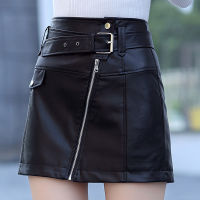 PU Leather A Line Skirt Women Belt Zipper High Waist Womens Mini Skirts Black  Autumn Fashion Streetwear Bottoms Female