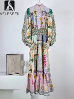 AELESEEN Womens Spring Summer Dress 2022 Runway Fashion Lantern Sleeve Turtleneck Single Breasted Flower Printed Maxi Party