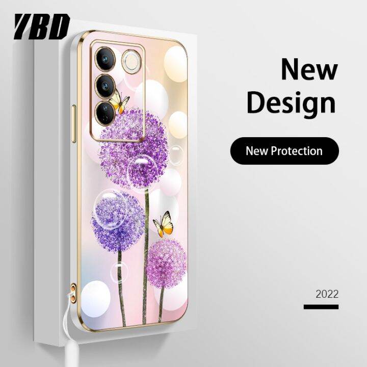 ybdเคสใหม่สำหรับ-vivo-v27e-v27-s16e-s16-s16-pro-v27-pro-เคสโทรศัพท์นิ่มชุบโครเมี่ยมสุดหรูแฟชั่นสีสันสดใสฟรีสายคล้องเคสแบบดอกไม้ผีเสื้อ