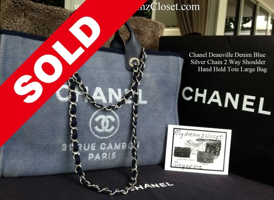 SOLD - Chanel Deauville Denim Blue Silver Chain 2 Way Shoulder Hand Held  Tote Large Bag