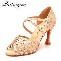 Ladingwu Latin Dance Shoes Gold Glitter Rhinestones แชมเปญผู้หญิงบอลรูมเต้นรำรองเท้า Salsa Soft รองเท้าส้นสูง