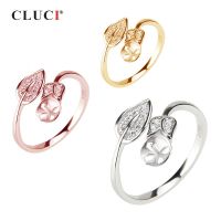 CLUCI Real 925 Silver Leaf Shape Pearl Ring Mounting Women Adjustable Rose Gold Open Ring Jewelry SR2058SB