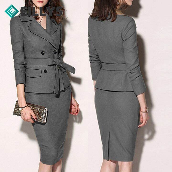 Women Suit Office Work Wear Gray Blazer + Skirt Women Suits Office Sets ...