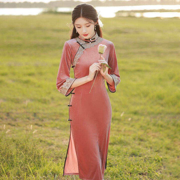 cheongsam-กำมะหยี่2022ปรับปรุงอารมณ์หนุ่มสาวระดับไฮเอนด์สีชมพูแขนยาว