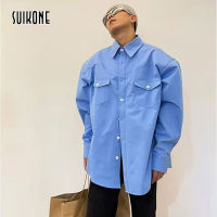 Suikone เสื้อเชิ้ตผู้ชายความรู้สึกการออกแบบที่หลากหลายเสื้อเชิ้ตสีทึบแขนยาวมีสไตล์