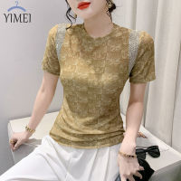 YIMEI เสื้อเสื้อยืดเรืองแสงสตรีประดับเพชรแวววาวเสื้อยืดผู้หญิงพิมพ์ลายย้อนยุคอเนกประสงค์ดีไซน์แฟชั่นแบบฉบับเกาหลีสำหรับฤดูร้อน2023