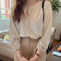 COD DSFERTRETRE Womens Polka Dot O Neck Single Breasted Loose Leisure Long Sleeve Chiffon Blouse Shirts