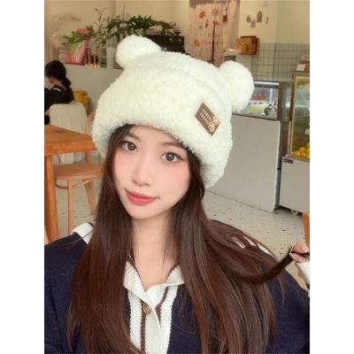 หมวกถักกำมะหยี่หนาหมวกขนสัตว์ผู้หญิง,หูหมีใหม่หมวกน่ารักสไตล์เกาหลี