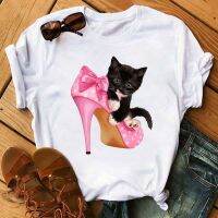 Cute Cat In Red High-heeled Printed Women T Shirts Cal Short Sleeve O-neck T-shirt Christmas Tshirts Topsเสื้อยืดผู้ห