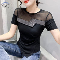 YIMEI 2023เสื้อผู้หญิงสีดำ,เสื้อยืดแฟชั่นใหม่ฤดูร้อนคอกลมแขนสั้นไม่สม่ำเสมอของผู้หญิงเสื้อยืดเพชรขายดี