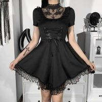 Gothic Dress Dark Gothic กระโปรงฤดูร้อนลูกไม้สูงเอวแขนสั้นชุดกระโปรงตาข่าย Hem สีทึบสั้นผู้หญิง Goth Dress