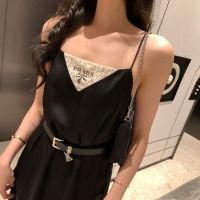 【FREE SHIPPING】Summer New Letter Triangle Lace Print Simple Sleeveless Strap Dress