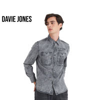 DAVIE JONES เสื้อเชิ้ตยีนส์ ผู้ชาย แขนยาว สีเทา Long Sleeve Shirt in grey SH0098GY