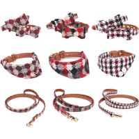 Leather Dog Collar Leash Check Pet Cat Bandana Bow Tie Collier Chain British Neckerchief for Small Perro Chihuahua Pug Teddy Leashes