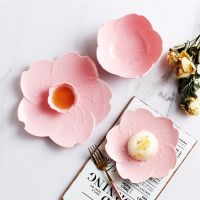 GIEMZA Sakura Dish Ceramic Disc Oriental Cherry Blossom Tableware Dessert Bowl Flower Saucer Plate 1pc Odd Table Decoration